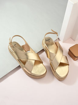 Styli - Women Golden Cross Straps With Jute Detail Flatform Sandals