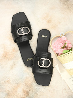 Styli - Women Embellished Stitch Detail Strap Flats Black