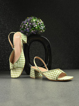 Styli - Women Check Fabric Embellished Back Sling Block Heel Sandals Green