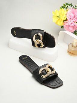 Styli - Women Golden Embellished Strap Footbed Designed Flats Black