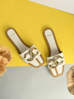 Styli - Women Golden Embellished Strap Footbed Designed Flats White