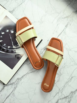 Styli - Women Golden Embellished Stitch Detail Strap Flats Green