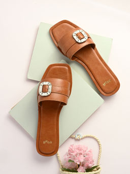 Styli - Women Rhinestone Brooch Embellished With Textured Finish Flats Tan