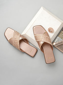 Styli - Women Embellished Fabric Trim Criss- Cross Strap Flat Rose Gold