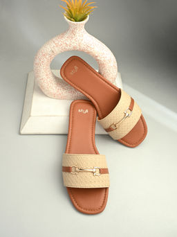 Styli - Women Raffia-Detailed Slides With Golden Embellishment Flat Beige