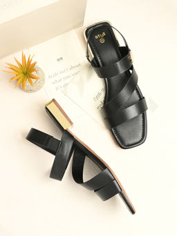 Styli - Women Golden Stud Embellished With Golden Heel Comfort Sandals Black