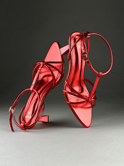 Styli - Women Metallic Red Knotted Strap Ankle Lock High Heels Stilettos