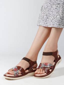 DENILL - Women's Brown Round Toe Square Toe Sandals