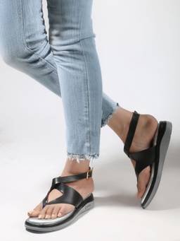DENILL - Women's Black Round Toe Sandals