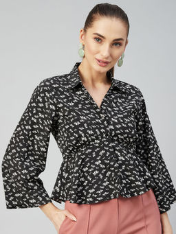 RARE - Women Casual Black Colour Shirt Collar Floral Print Regular Top