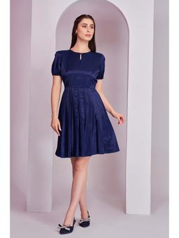 Torsha - Women's Blue Pleated Solid Short Dress