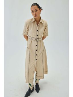 SHOP STAPLE - Off White Top Stitch Midi Shirt Dress with Belt