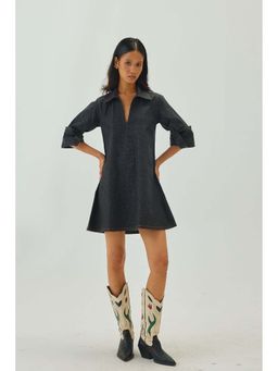 SHOP STAPLE - Women's Blue Graphite Denim V-Neck Collar Mini Dress