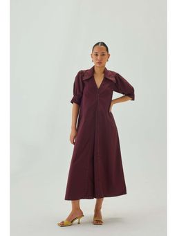SHOP STAPLE - Women's Maroon Poplin Point Collar A-Line Midi Dress