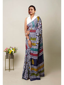 Unnati Silks - Navy Blue Pure Wax Batik Printed Superfine Mulmul Cotton Saree with Unstitched Blouse