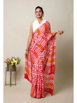 Unnati Silks - Red Pure Wax Batik Printed Superfine Mulmul Cotton Saree with Unstitched Blouse