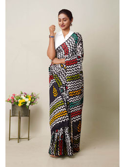 Unnati Silks - Black Pure Wax Batik Printed Superfine Mulmul Cotton Saree with Unstitched Blouse