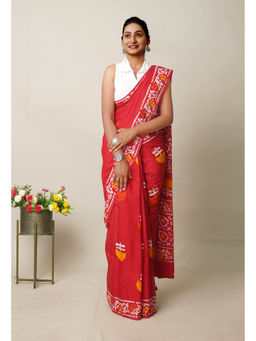 Unnati Silks - Red Pure Wax Batik Printed Superfine Mulmul Cotton Saree with Unstitched Blouse