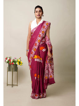 Unnati Silks - Maroon Pure Wax Batik Printed Superfine Mulmul Cotton Saree with Unstitched Blouse