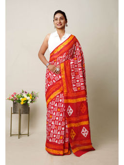 Unnati Silks - Red Pure Wax Batik Printed Superfine Mulmul Cotton Saree with Unstitched Blouse