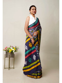Unnati Silks - Navy Blue Pure Wax Batik Printed Superfine Mulmul Cotton Saree with Unstitched Blouse