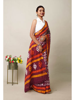 Unnati Silks - Maroon Pure Wax Batik Printed Superfine Mulmul Cotton Saree with Unstitched Blouse