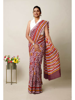 Unnati Silks - Maroon Pure Wax Batik Printed Superfine Mulmul Cotton Saree with Unstitched Blouse