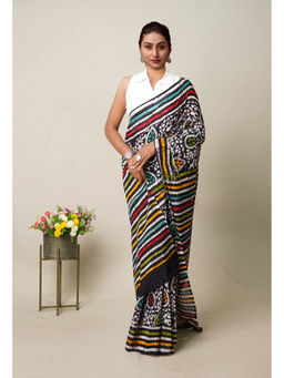 Unnati Silks - Black Pure Wax Batik Printed Superfine Mulmul Cotton Saree with Unstitched Blouse