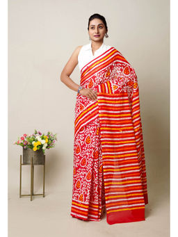 Unnati Silks - Red Pure Wax Batik Printed Superfine Mulmul Cotton Saree with Unstitched Blouse