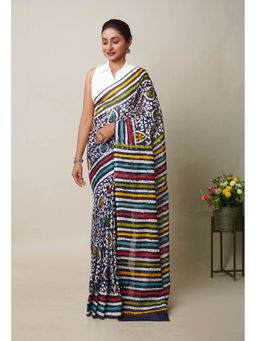 Unnati Silks - Navy Blue Pure Wax Batik Printed Superfine Mulmul Cotton Saree with Unstitched Blouse