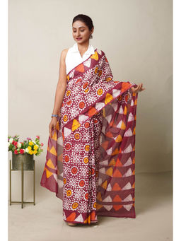 Unnati Silks - Maroon Pure Wax Batik Printed Superfine Mulmul Cotton Saree with Unstitched Blouse