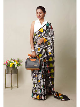 Unnati Silks - Black Pure Wax Batik Printed Superfine Mulmul Cotton Saree with Unstitched Blouse