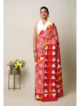 Unnati Silks - Red Pure Wax Batik Printed Superfine Mulmul Cotton Saree with Unstitched Blouse
