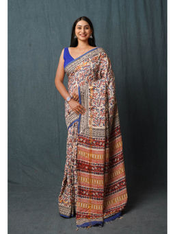 Unnati Silks - Off White Pure Bagru Printed Soft Silk Saree with Unstitched Blouse