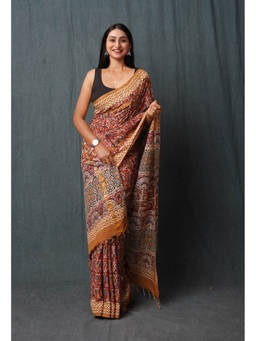 Unnati Silks - Red Pure Bagru Printed Soft Silk Saree with Unstitched Blouse