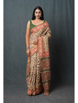 Unnati Silks - Cream Pure Bagru Printed Soft Silk Saree with Unstitched Blouse