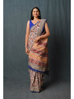 Unnati Silks - Cream Pure Bagru Printed Soft Silk Saree with Unstitched Blouse