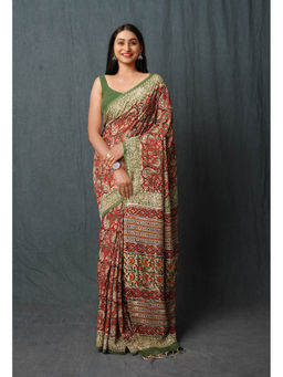 Unnati Silks - Red Pure Bagru Printed Soft Silk Saree with Unstitched Blouse
