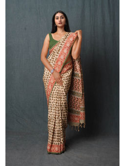 Unnati Silks - Cream Pure Bagru Printed Soft Silk Saree with Unstitched Blouse