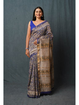 Unnati Silks - Blue Pure Bagru Printed Soft Silk Saree with Unstitched Blouse