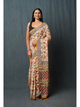 Unnati Silks - Cream Pure Bagru Printed Soft Silk Saree with Unstitched Blouse