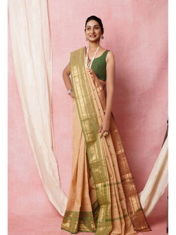 Unnati Silks - Cream Pure Pavani Handcrafted Kanchi Cotton Saree with Unstitched Blouse