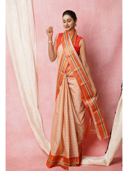 Unnati Silks - Cream Pure Pavani Handcrafted Kanchi Cotton Saree with Unstitched Blouse