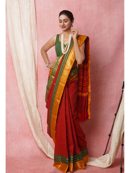 Unnati Silks - Maroon Pure Pavani Handcrafted Kanchi Cotton Saree with Unstitched Blouse