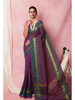Unnati Silks - Purple Pure Pavani Handcrafted Kanchi Cotton Saree with Unstitched Blouse