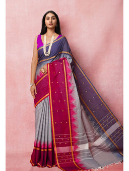 Unnati Silks - Grey Pure Pavani Handcrafted Kanchi Cotton Saree with Unstitched Blouse