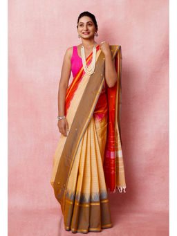 Unnati Silks - Cream Pure Pavani Handcrafted Kanchi Cotton Saree with Unstitched Blouse