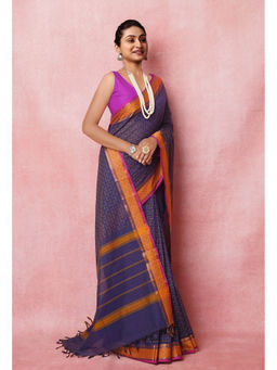 Unnati Silks - Navy Blue Pure Pavani Handcrafted Kanchi Cotton Saree with Unstitched Blouse