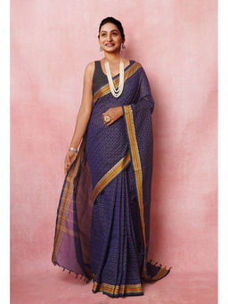 Unnati Silks - Navy Blue Pure Pavani Handcrafted Kanchi Cotton Saree with Unstitched Blouse