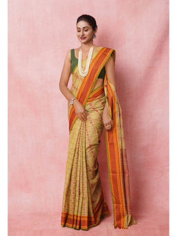 Unnati Silks - Beige Pure Pavani Handcrafted Kanchi Cotton Saree with Unstitched Blouse